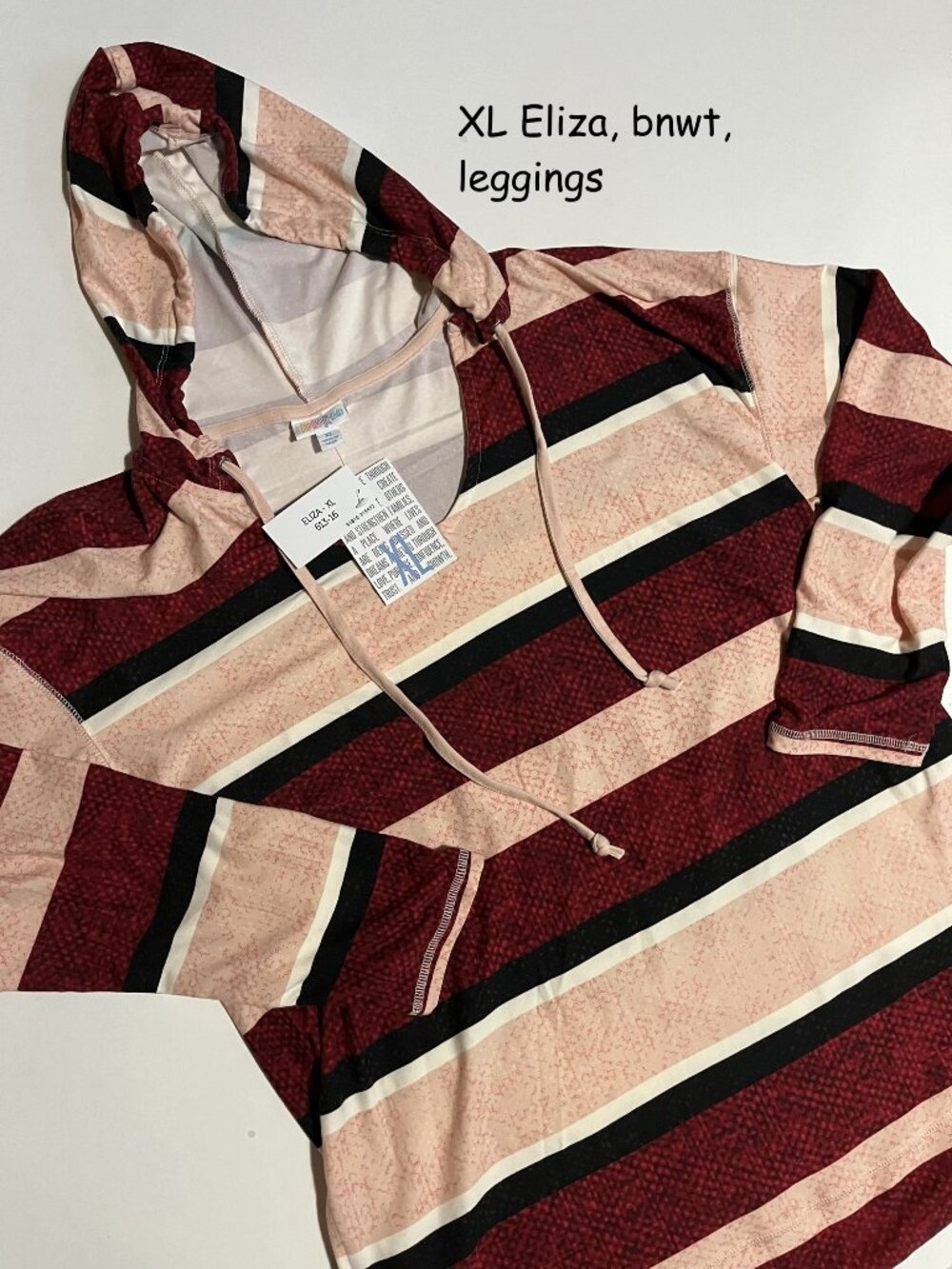 XL Lularoe Eliza hoodie, red, black, white, peach stripes, leggings